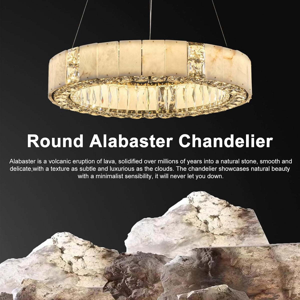 Natural Alabaster Chandeliers, D23 Round Crystal Chandeliers for Dining Room - Zelno