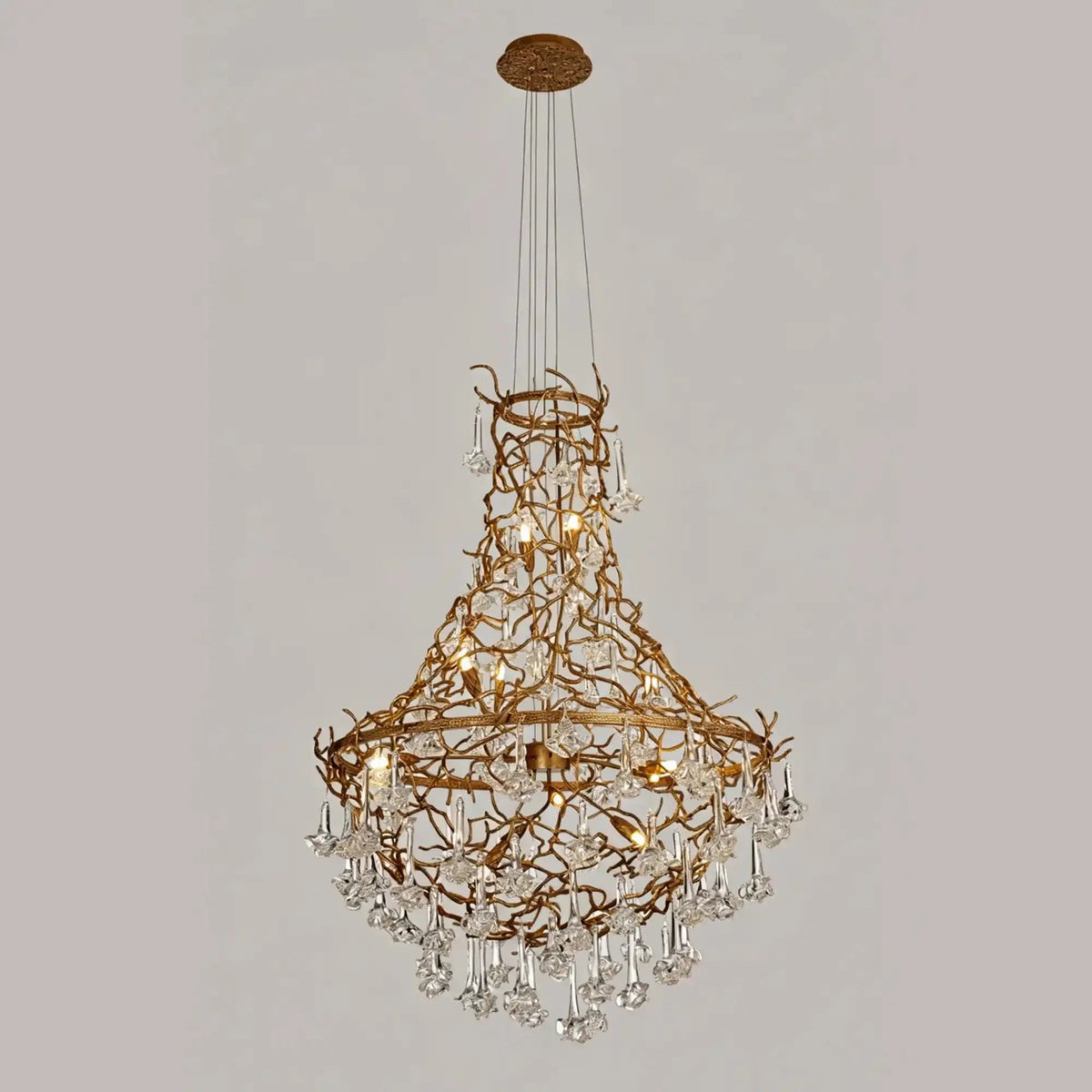 Nature-inspired Brass Tree Chandelier with Glazed Glass Flowers - Zelno Lighting