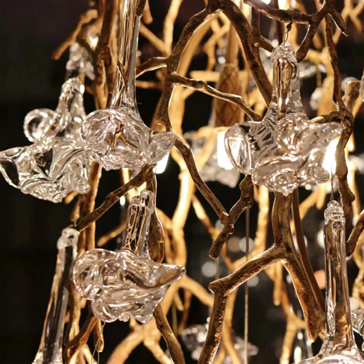 Nature-inspired Brass Tree Chandelier with Glazed Glass Flowers - Zelno Lighting