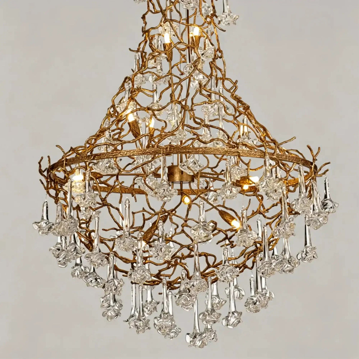 Nature-inspired Brass Tree Chandelier with Glazed Glass Flowers - Zelno Lighting