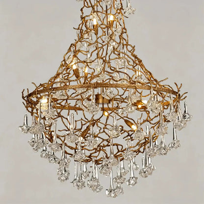 Nature-inspired Brass Tree Chandelier with Glazed Glass Flowers - Zelno Lighting