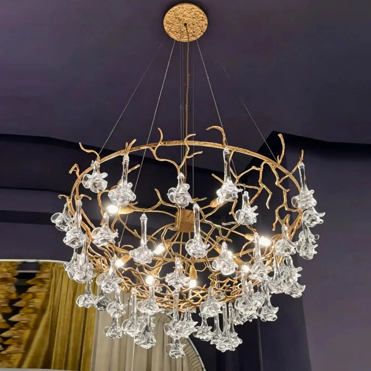 Nature-inspired Brass Tree Chandelier with Glazed Glass Flowers - Zelno Lighting