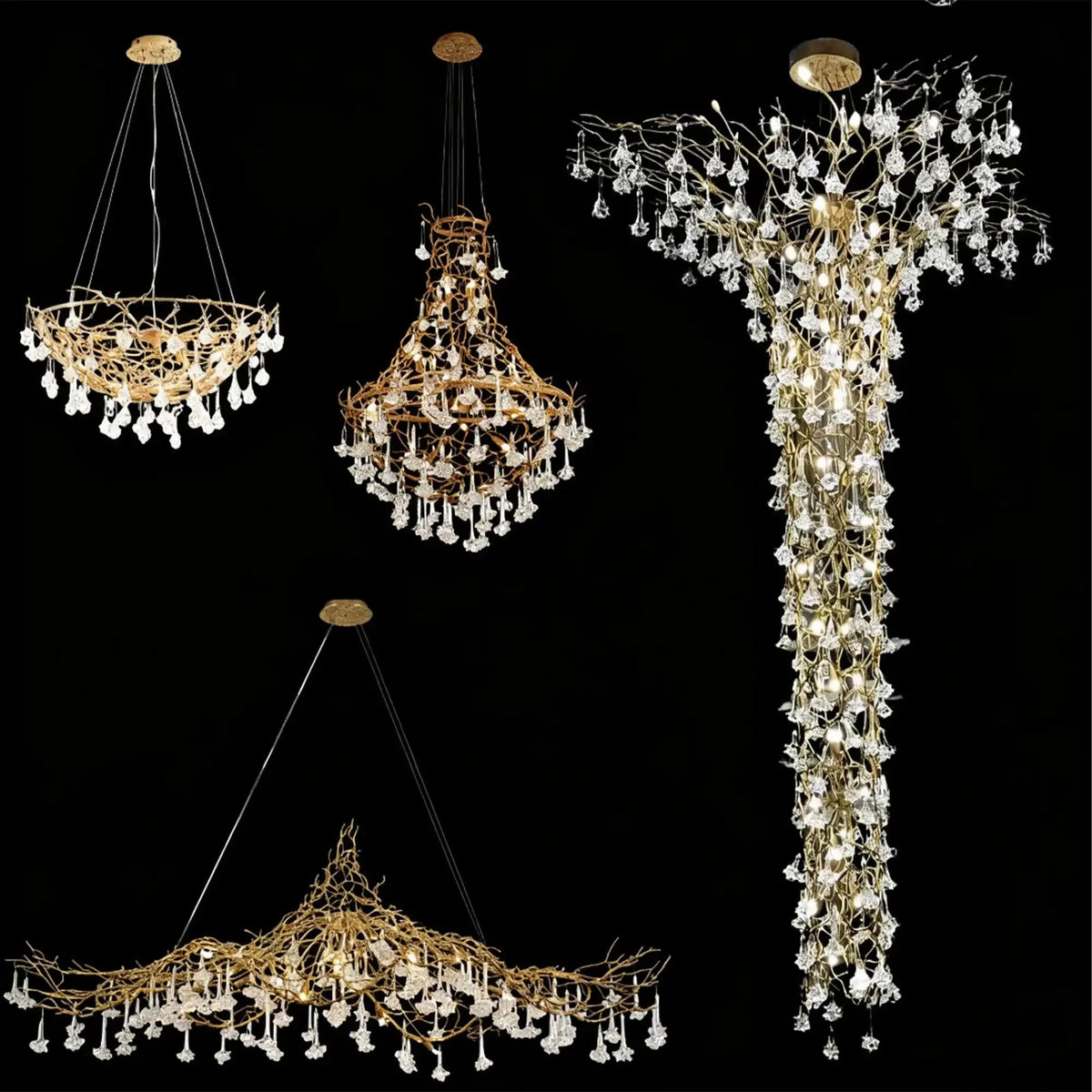 Nature-inspired Brass Tree Chandelier with Glazed Glass Flowers - Zelno Lighting