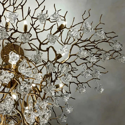 Nature-inspired Brass Tree Chandelier with Glazed Glass Flowers - Zelno Lighting