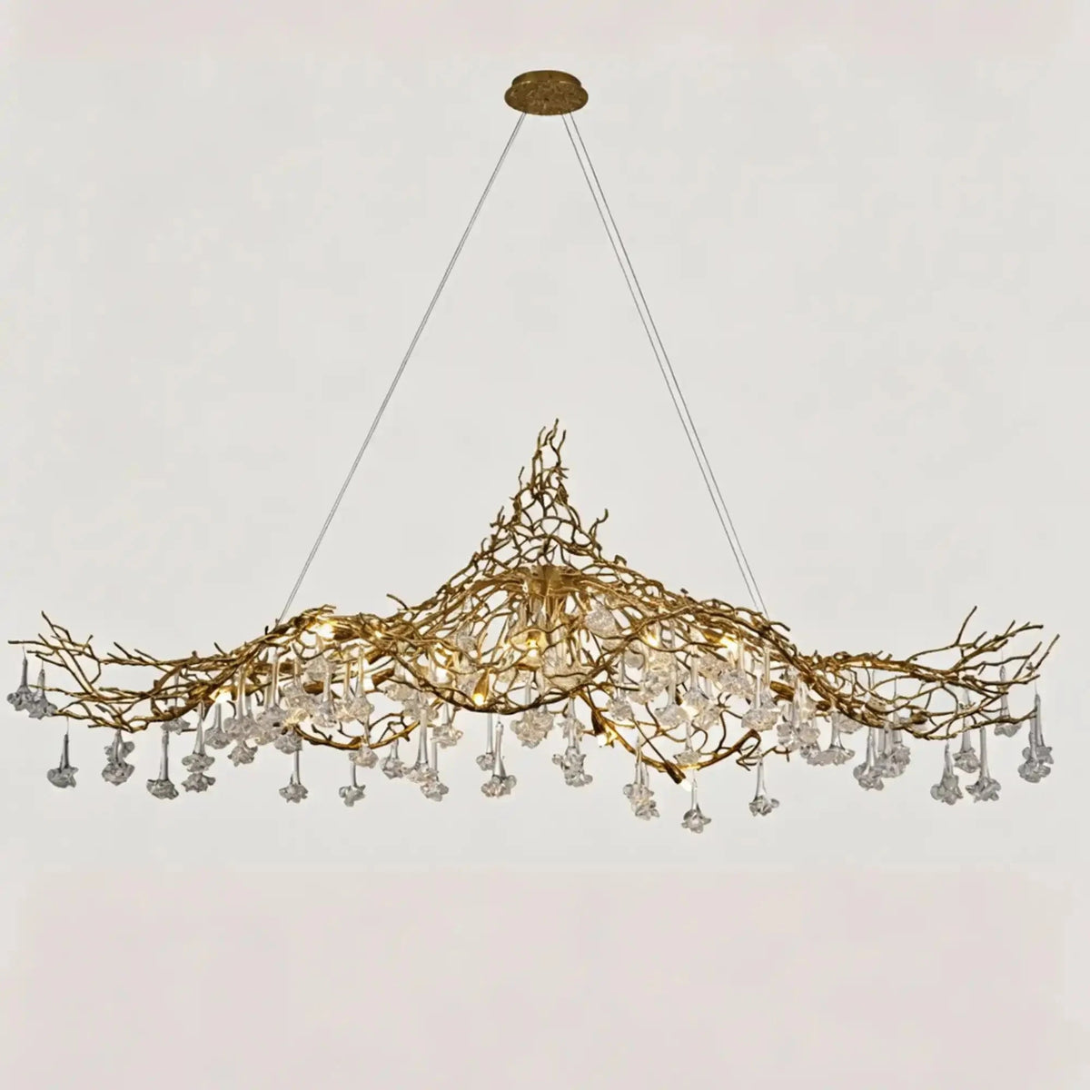 Nature-inspired Brass Tree Chandelier with Glazed Glass Flowers - Zelno Lighting
