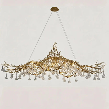 Nature-inspired Brass Tree Chandelier with Glazed Glass Flowers - Zelno Lighting