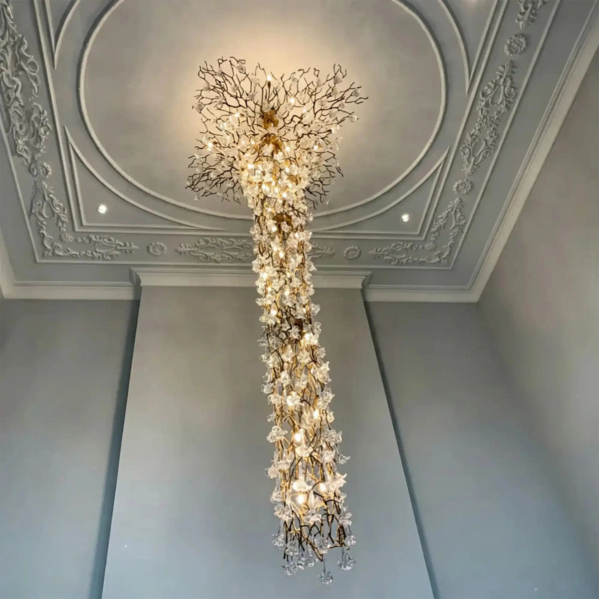 Nature-inspired Brass Tree Chandelier with Glazed Glass Flowers - Zelno Lighting