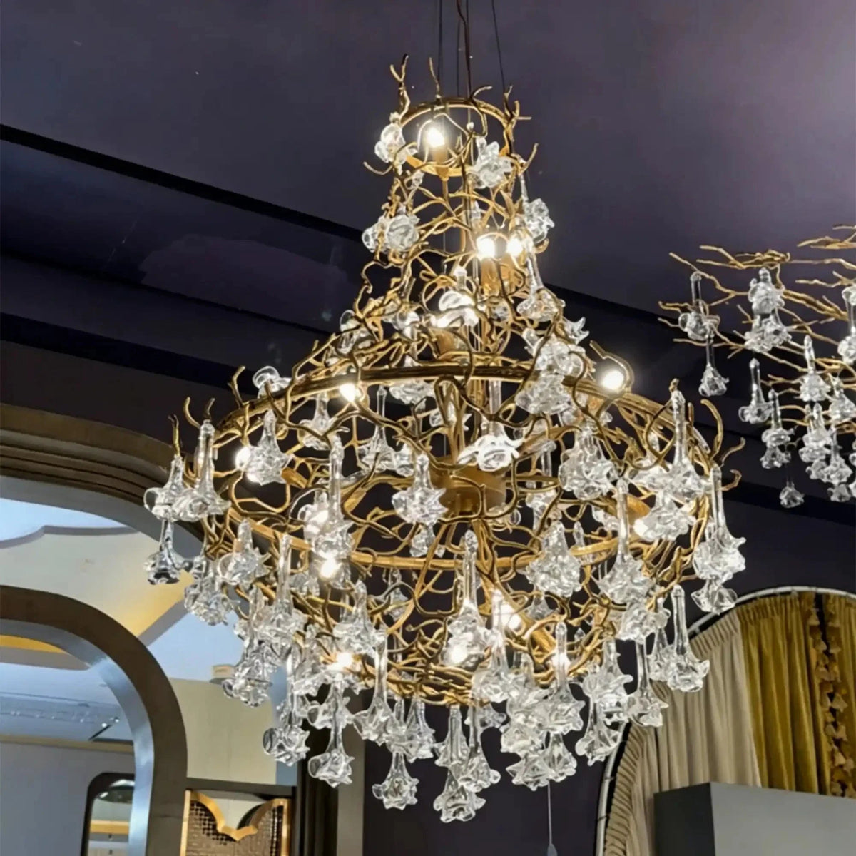 Nature-inspired Brass Tree Chandelier with Glazed Glass Flowers - Zelno Lighting