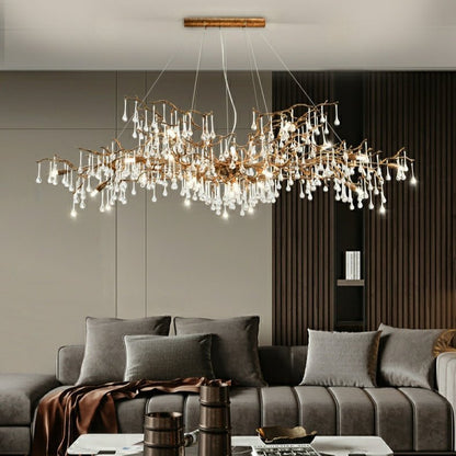 New Style Extra Large Brass Branch Chandelier Light Crystal Drops Pendant Lamp For Living/ Dining Room - Zelno Lighting