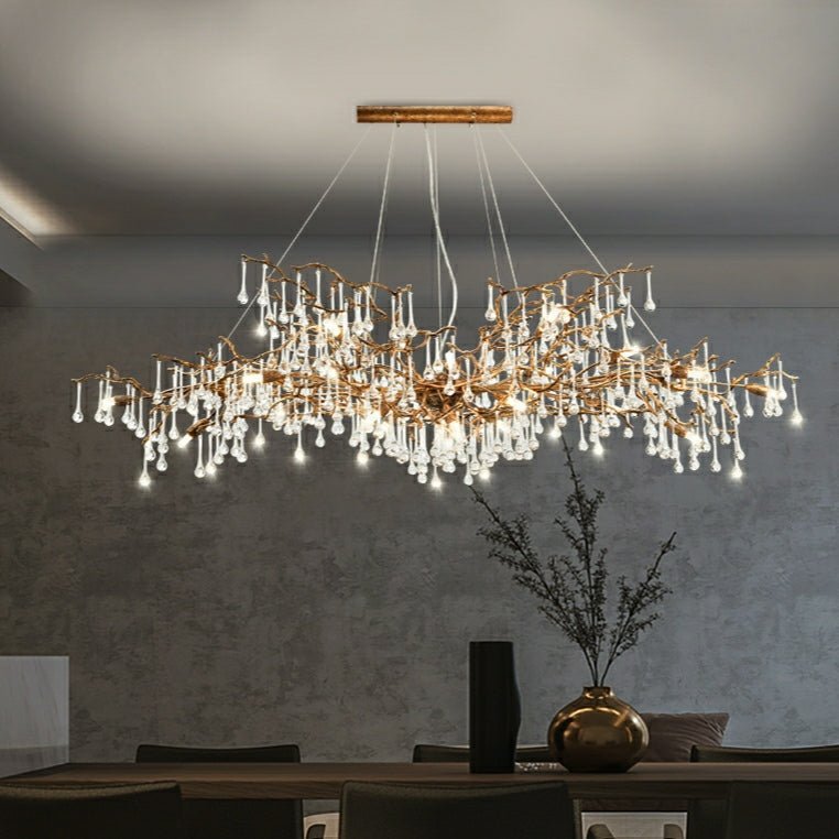 New Style Extra Large Brass Branch Chandelier Light Crystal Drops Pendant Lamp For Living/ Dining Room - Zelno Lighting