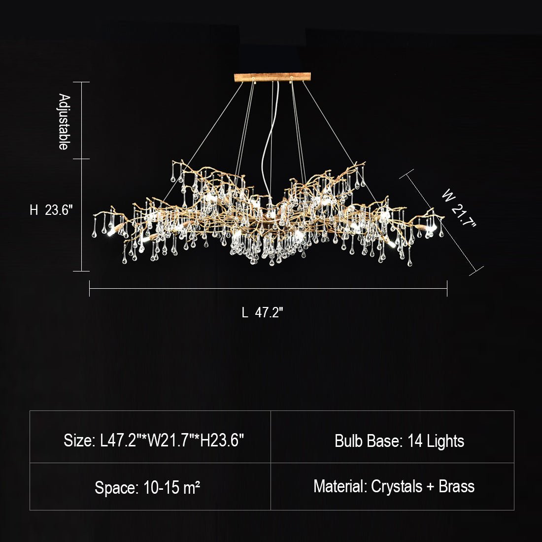 New Style Extra Large Brass Branch Chandelier Light Crystal Drops Pendant Lamp For Living/ Dining Room - Zelno Lighting