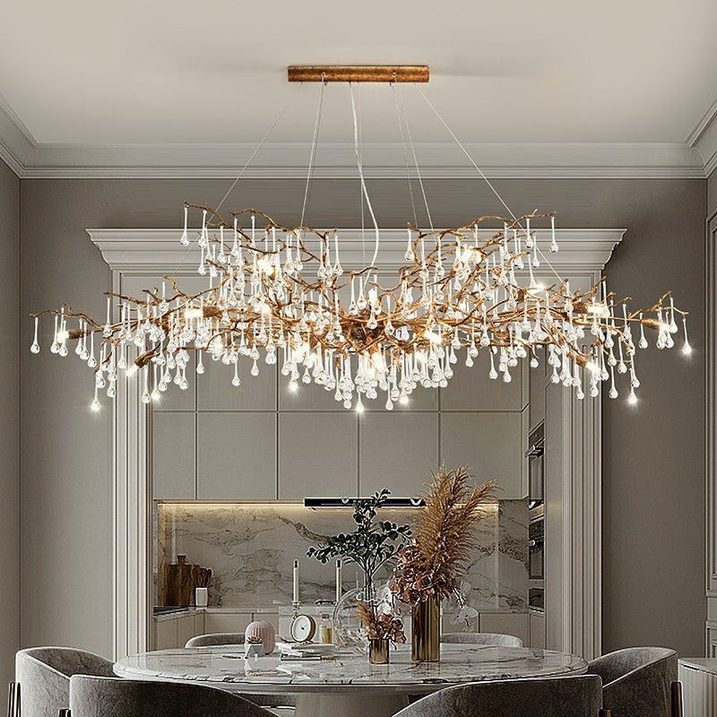 New Style Extra Large Brass Branch Chandelier Light Crystal Drops Pendant Lamp For Living/ Dining Room - Zelno Lighting
