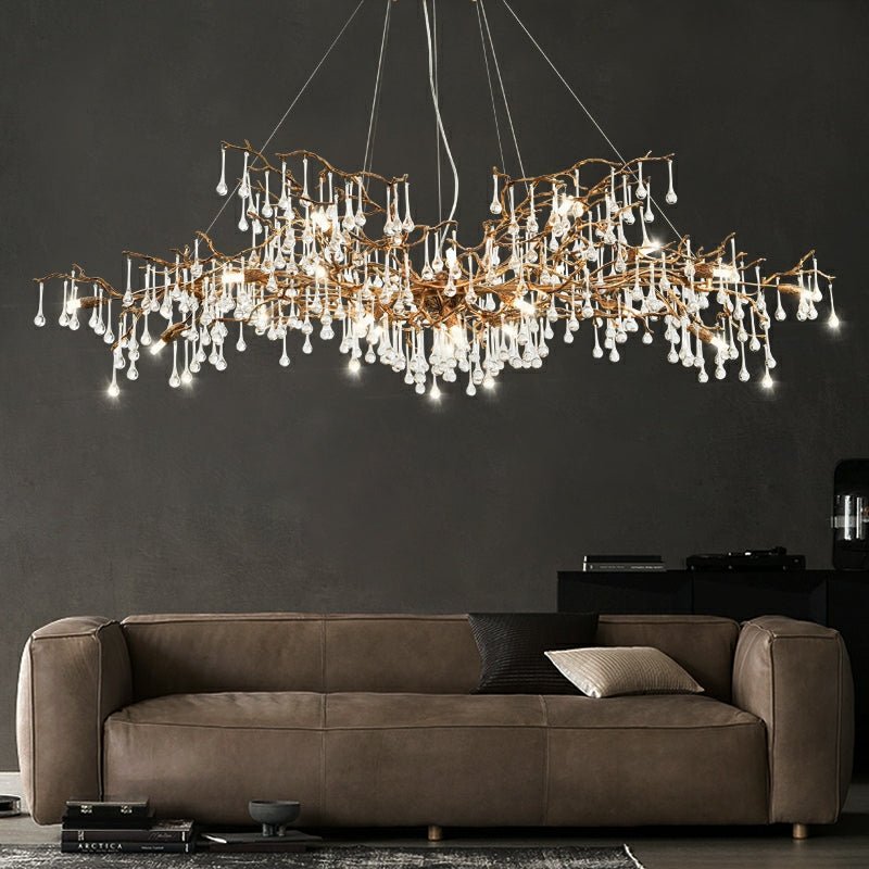 New Style Extra Large Brass Branch Chandelier Light Crystal Drops Pendant Lamp For Living/ Dining Room - Zelno Lighting