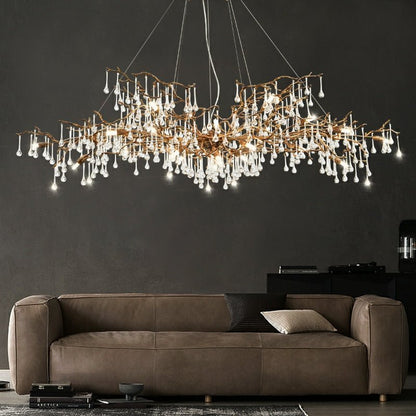 New Style Extra Large Brass Branch Chandelier Light Crystal Drops Pendant Lamp For Living/ Dining Room - Zelno Lighting