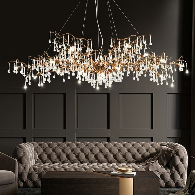 New Style Extra Large Brass Branch Chandelier Light Crystal Drops Pendant Lamp For Living/ Dining Room - Zelno Lighting