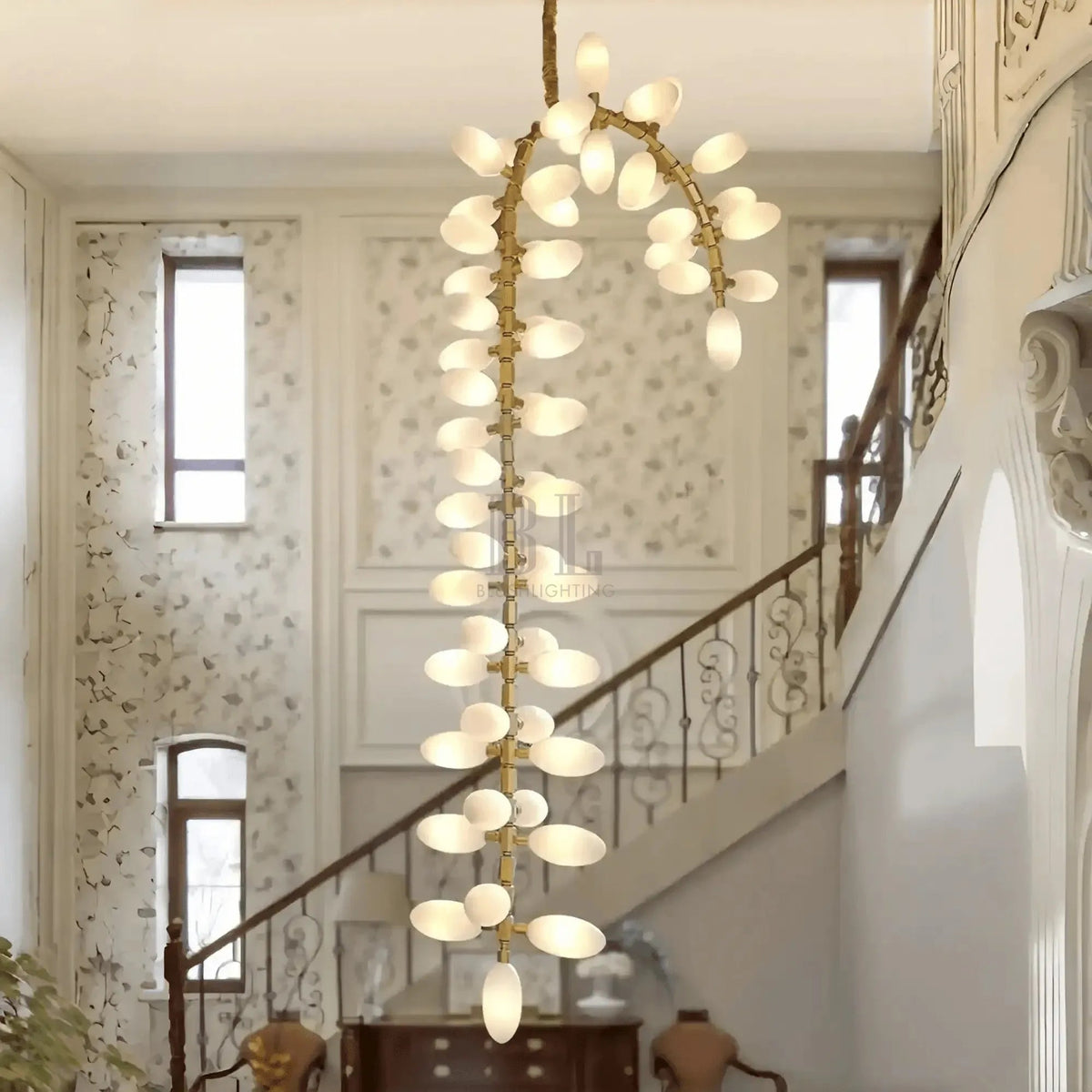 Nordic Art Long Magnolia alba Glass Ceiling Chandelier for Staircase/Hallway/Entryway Light Fixture - Zelno Lighting