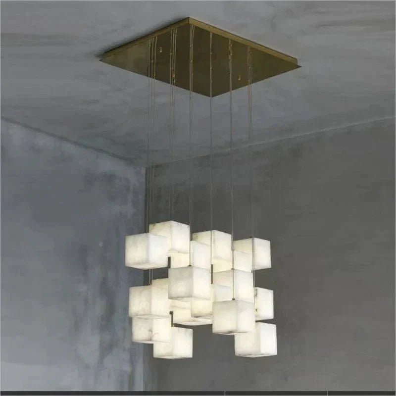 Olive Alabaster Cubic Round Pendant For Dining Table, Staircase - Zelno Lighting
