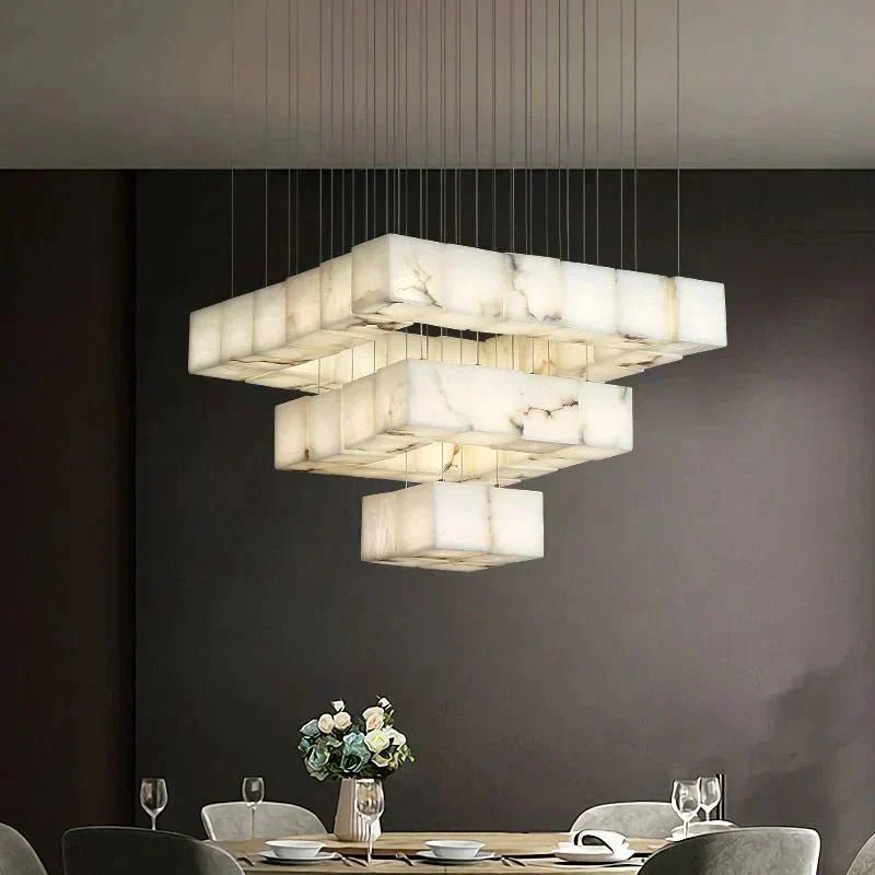 Olive Alabaster Cubic Round Pendant For Dining Table, Staircase - Zelno Lighting