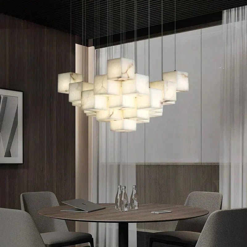 Olive Alabaster Cubic Round Pendant For Dining Table, Staircase - Zelno Lighting