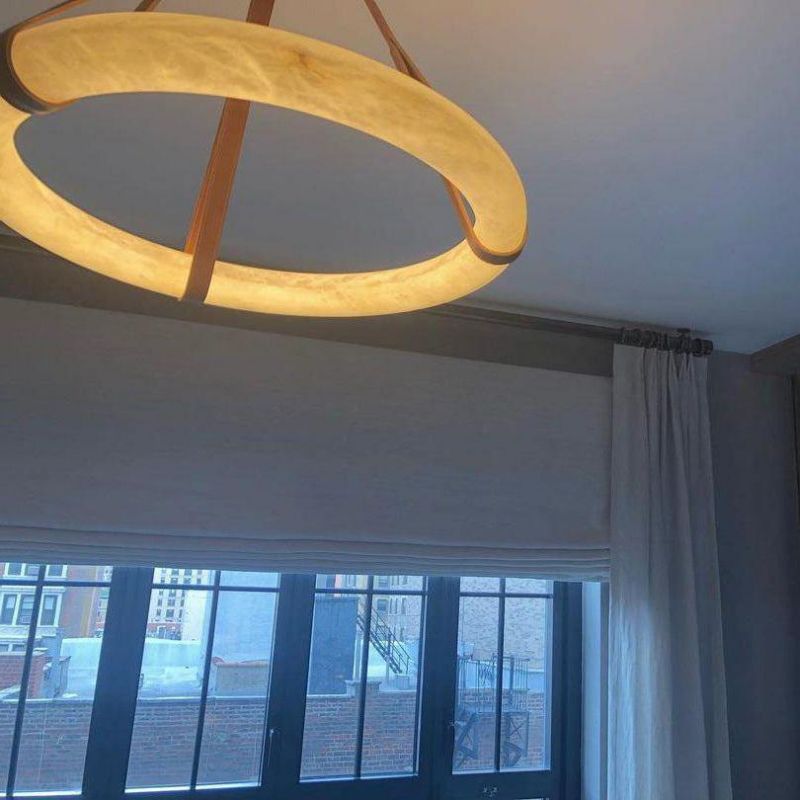 Olsa Alabaster Ring Round Pendant Chandelier, Modern Leather Strip Chandelier - Zelno