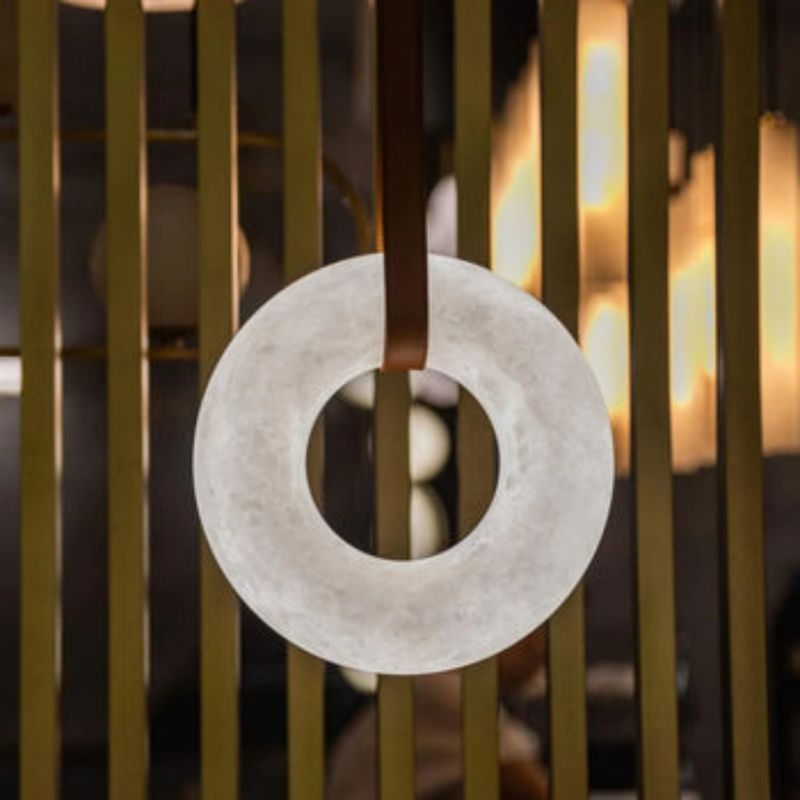 Olsa Alabaster Ring Round Pendant Chandelier, Modern Leather Strip Chandelier - Zelno