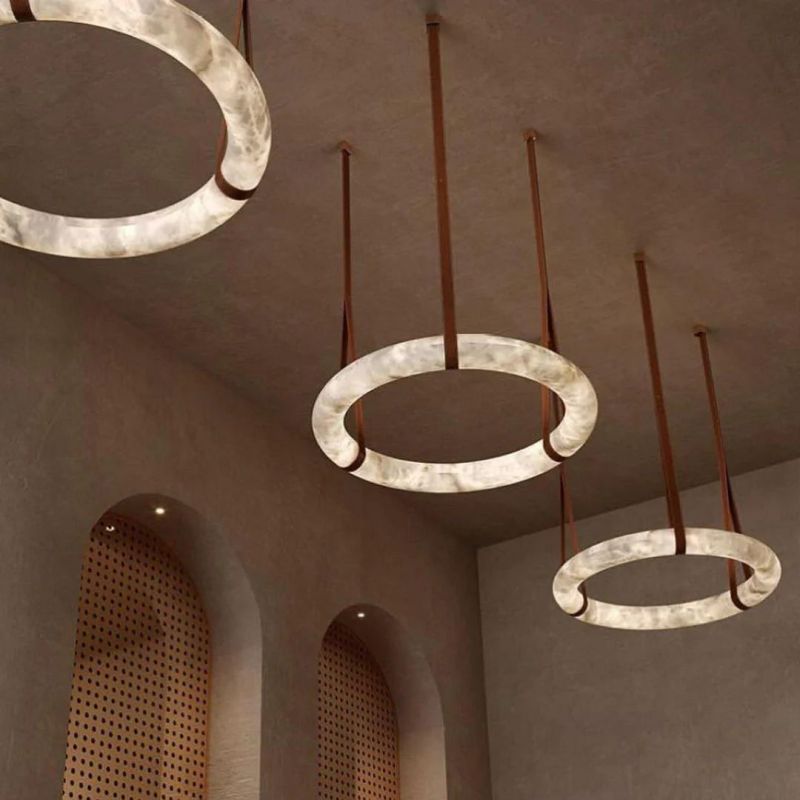 Olsa Alabaster Ring Round Pendant Chandelier, Modern Leather Strip Chandelier - Zelno