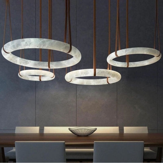 Olsa Alabaster Ring Round Pendant Chandelier, Modern Leather Strip Chandelier - Zelno
