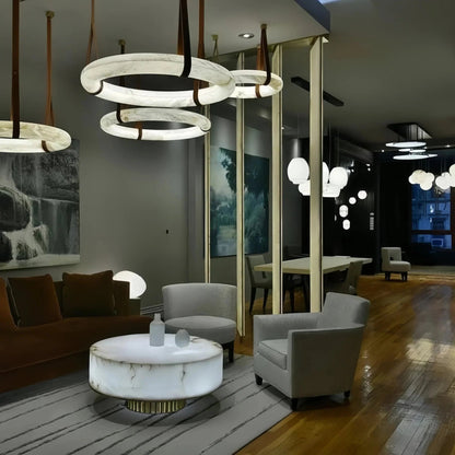 Oslo L1P Pendant Alabaster Chandelier, Halo Ring Chandelier With canopy Over Dining Table - Zelno Lighting