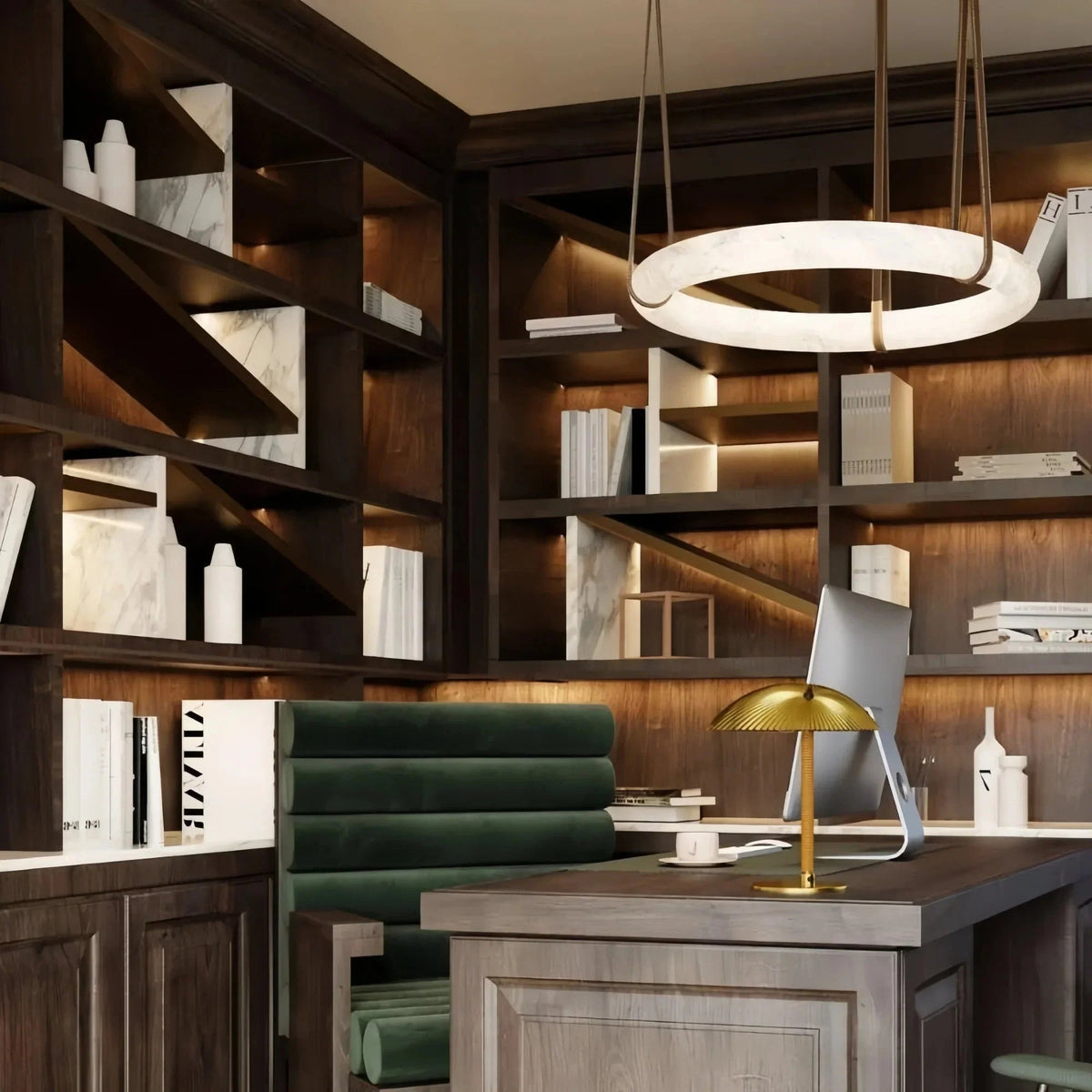 Oslo L1P Pendant Alabaster Chandelier, Halo Ring Chandelier With canopy Over Dining Table - Zelno Lighting