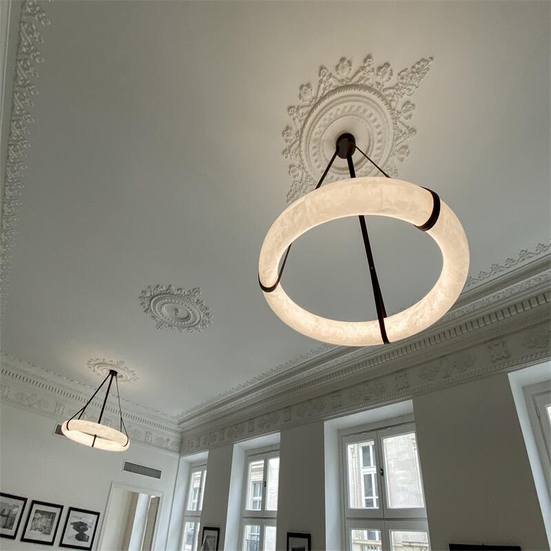 Oslo L1P Pendant Alabaster Chandelier, Halo Ring Chandelier With canopy Over Dining Table - Zelno Lighting