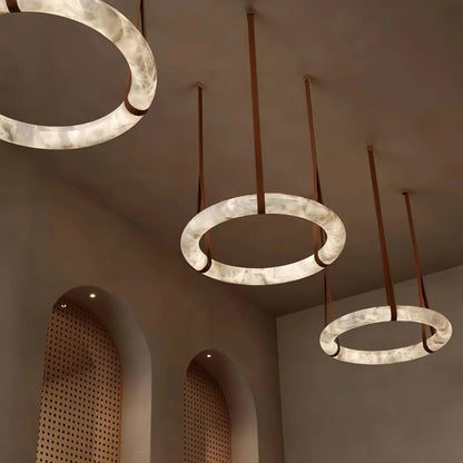 Oslo L1P Pendant Alabaster Chandelier, Halo Ring Chandelier With canopy Over Dining Table - Zelno Lighting