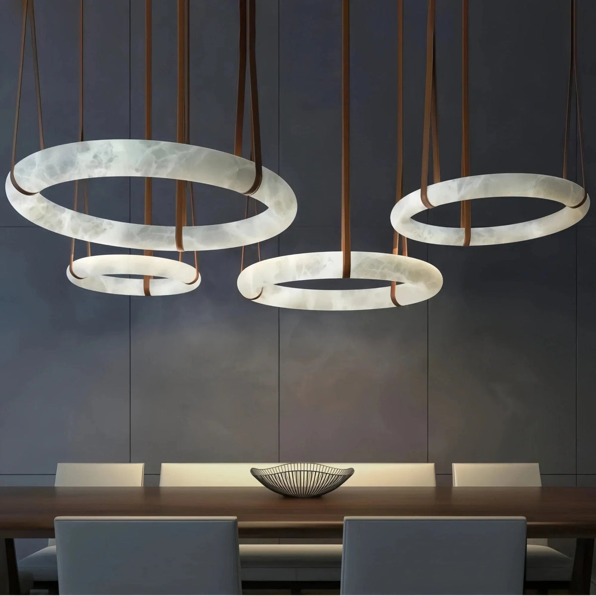 Oslo L1P Pendant Alabaster Chandelier, Halo Ring Chandelier With canopy Over Dining Table - Zelno Lighting