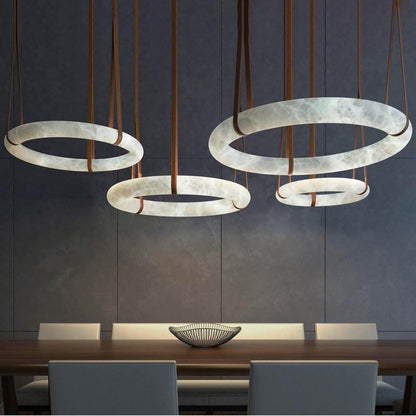 Oslo Pendant Alabaster Chandelier, Halo Ring Chandelier With Leather - Zelno Lighting