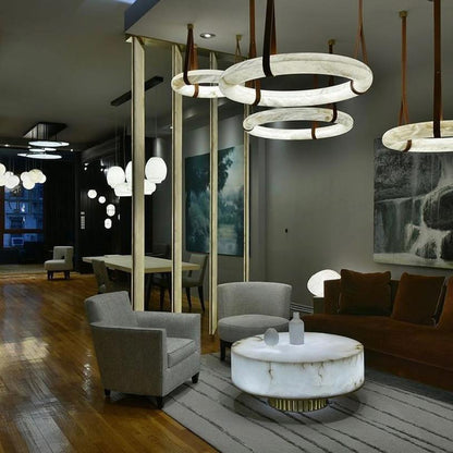 Oslo Pendant Alabaster Chandelier, Halo Ring Chandelier With Leather - Zelno Lighting