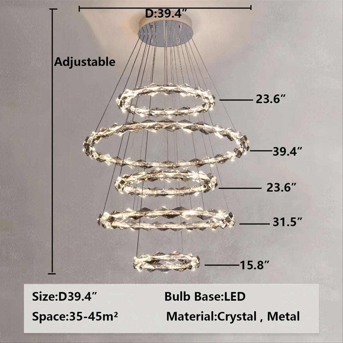 Oversized Multi-Tiered Rings Crystal Chandelier Modern Clear and Grey Crystal Ceiling Light Fixture For Staircase/Foyer/Hallway/Entryway - Zelno Lighting