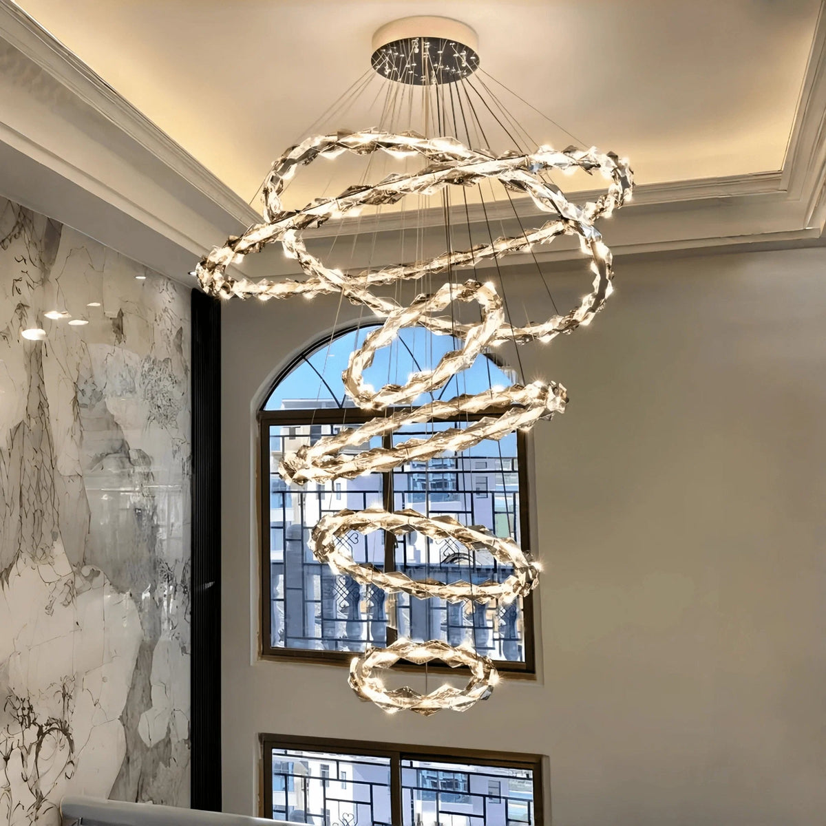 Oversized Multi-Tiered Rings Crystal Chandelier Modern Clear and Grey Crystal Ceiling Light Fixture For Staircase/Foyer/Hallway/Entryway - Zelno Lighting