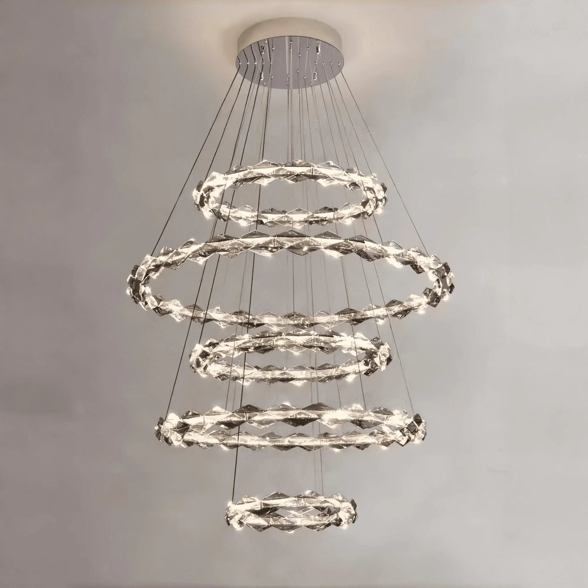 Oversized Multi-Tiered Rings Crystal Chandelier Modern Clear and Grey Crystal Ceiling Light Fixture For Staircase/Foyer/Hallway/Entryway - Zelno Lighting