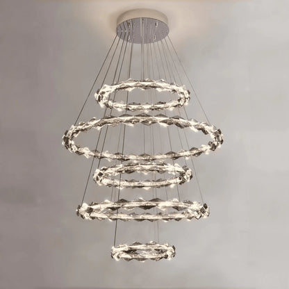 Oversized Multi-Tiered Rings Crystal Chandelier Modern Clear and Grey Crystal Ceiling Light Fixture For Staircase/Foyer/Hallway/Entryway - Zelno Lighting