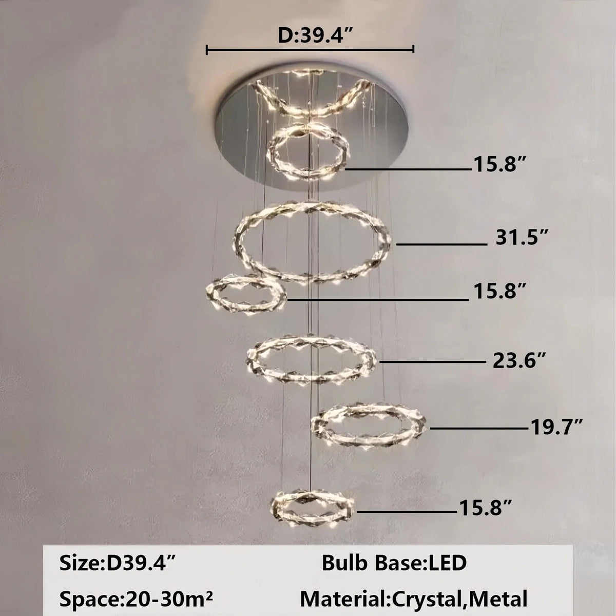 Oversized Multi-Tiered Rings Crystal Chandelier Modern Clear and Grey Crystal Ceiling Light Fixture For Staircase/Foyer/Hallway/Entryway - Zelno Lighting