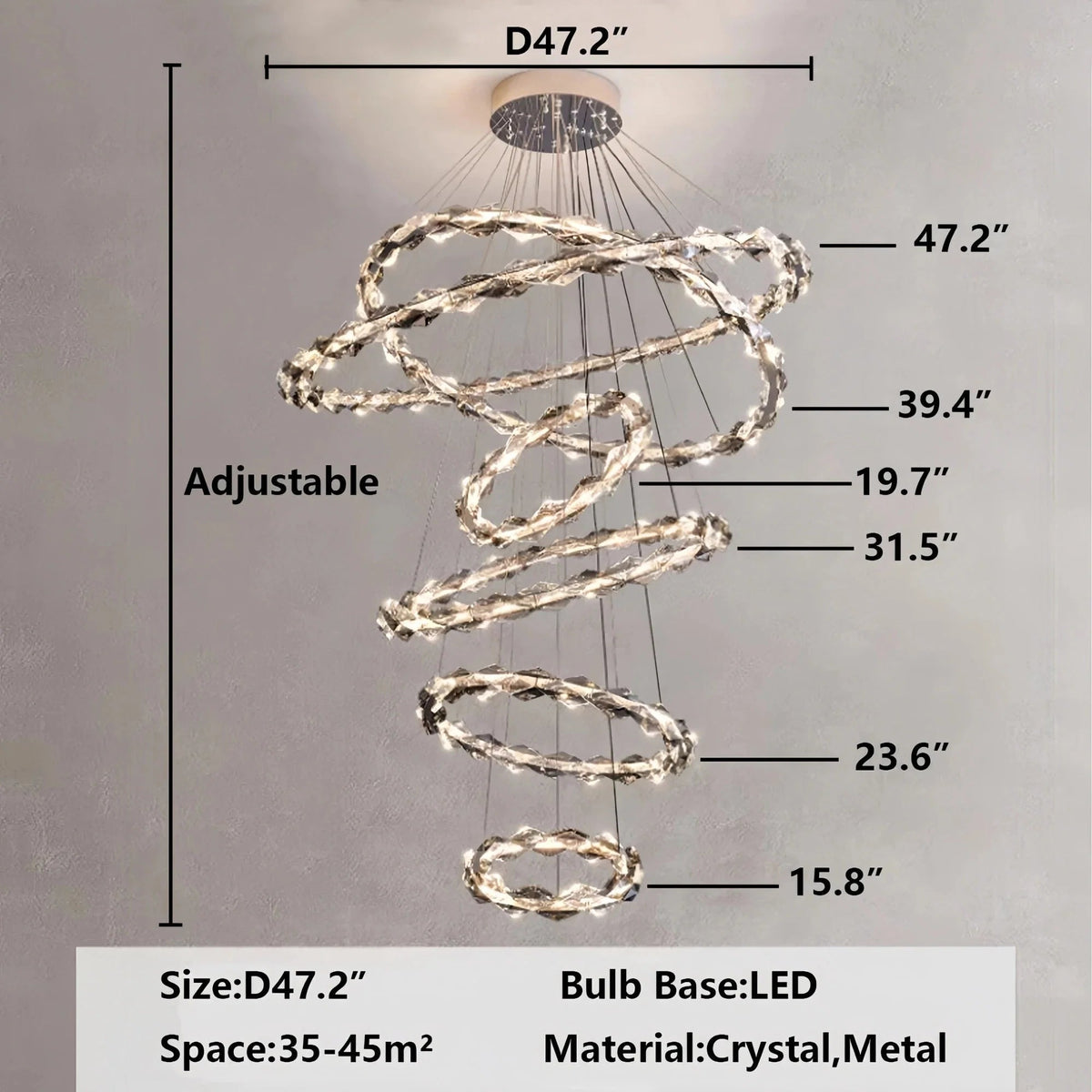 Oversized Multi-Tiered Rings Crystal Chandelier Modern Clear and Grey Crystal Ceiling Light Fixture For Staircase/Foyer/Hallway/Entryway - Zelno Lighting