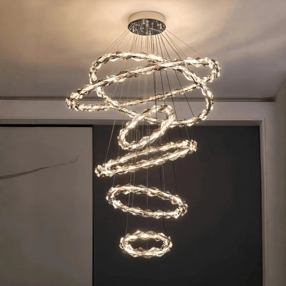 Oversized Multi-Tiered Rings Crystal Chandelier Modern Clear and Grey Crystal Ceiling Light Fixture For Staircase/Foyer/Hallway/Entryway - Zelno Lighting