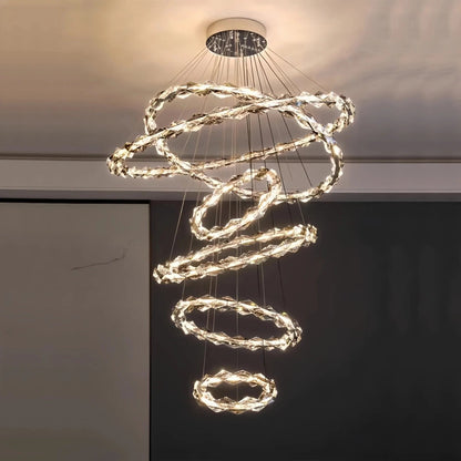 Oversized Multi-Tiered Rings Crystal Chandelier Modern Clear and Grey Crystal Ceiling Light Fixture For Staircase/Foyer/Hallway/Entryway - Zelno Lighting