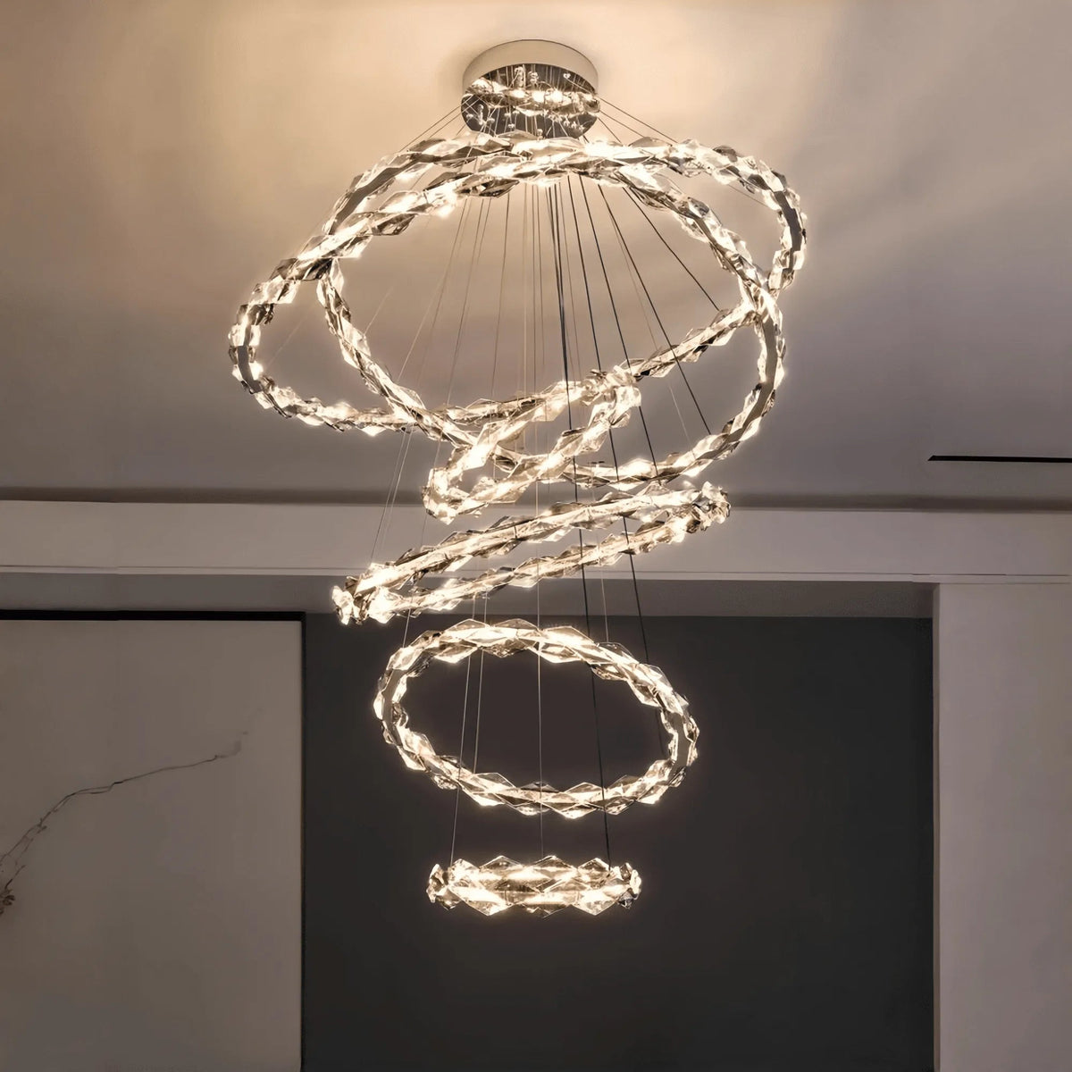 Oversized Multi-Tiered Rings Crystal Chandelier Modern Clear and Grey Crystal Ceiling Light Fixture For Staircase/Foyer/Hallway/Entryway - Zelno Lighting