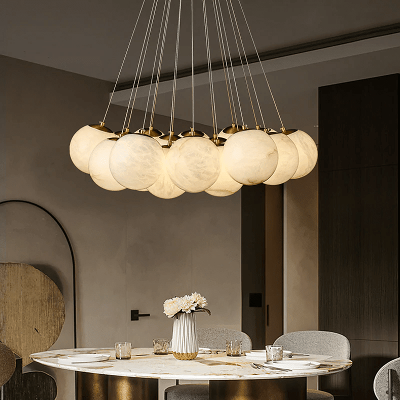 Post Modern Alabaster Globe Ceiling Pendant Light, Alabaster Chandelier Over Dining Table - Zelno Lighting