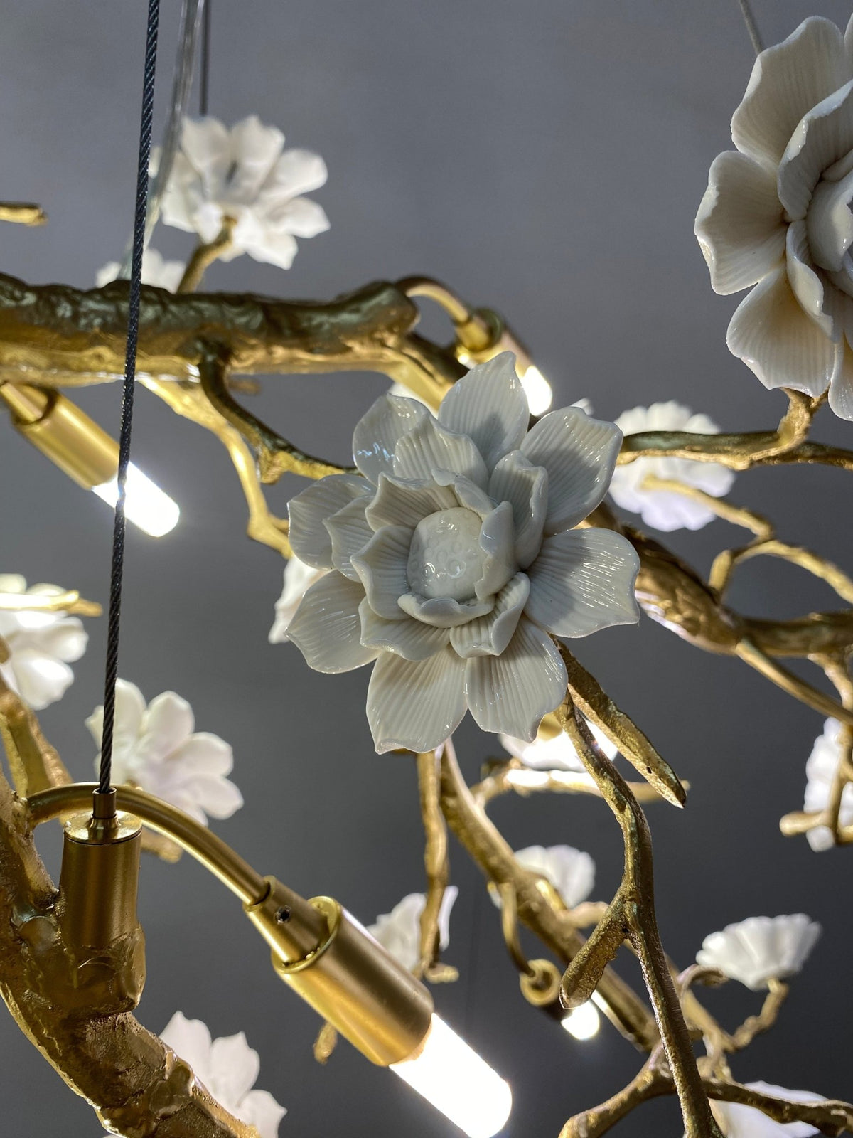 Post-Modern Art Brass and Ceramics Flower Pendant Branch Chandelier for Living/Dining Room - Zelno Lighting