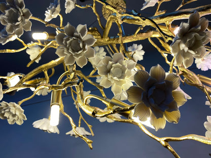 Post-Modern Art Brass and Ceramics Flower Pendant Branch Chandelier for Living/Dining Room - Zelno Lighting