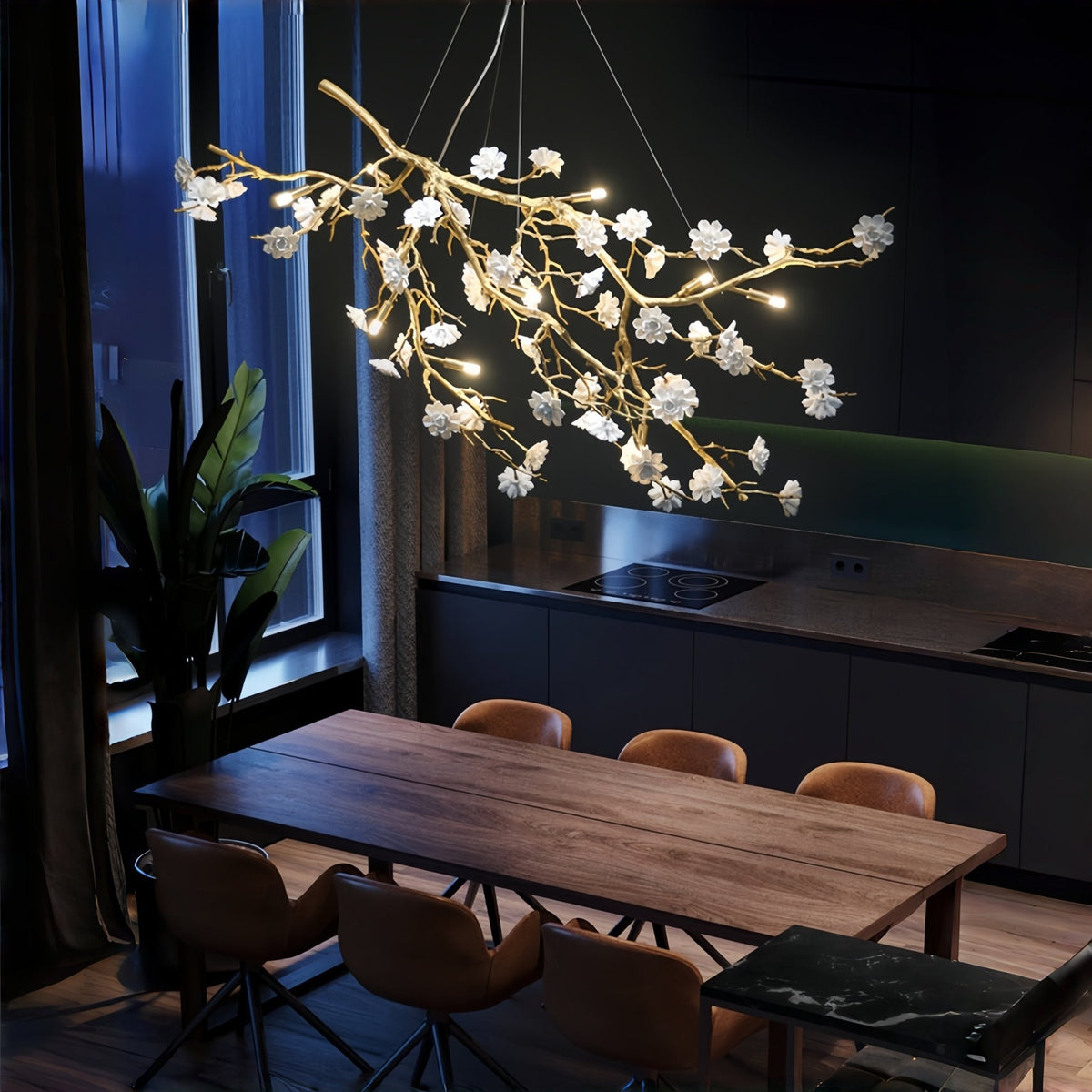Post-Modern Art Brass and Ceramics Flower Pendant Branch Chandelier for Living/Dining Room - Zelno Lighting