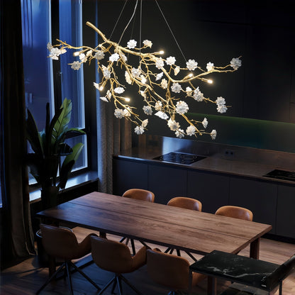 Post-Modern Art Brass and Ceramics Flower Pendant Branch Chandelier for Living/Dining Room - Zelno Lighting
