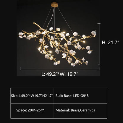 Post-Modern Art Brass and Ceramics Flower Pendant Branch Chandelier for Living/Dining Room - Zelno Lighting
