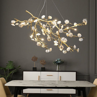 Post-Modern Art Brass and Ceramics Flower Pendant Branch Chandelier for Living/Dining Room - Zelno Lighting